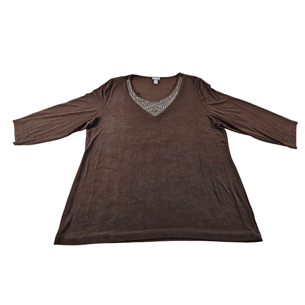 Travelers by Chicos Ladies Size 4 Top Embellished Neckline Brown 3/4 Sleeve
